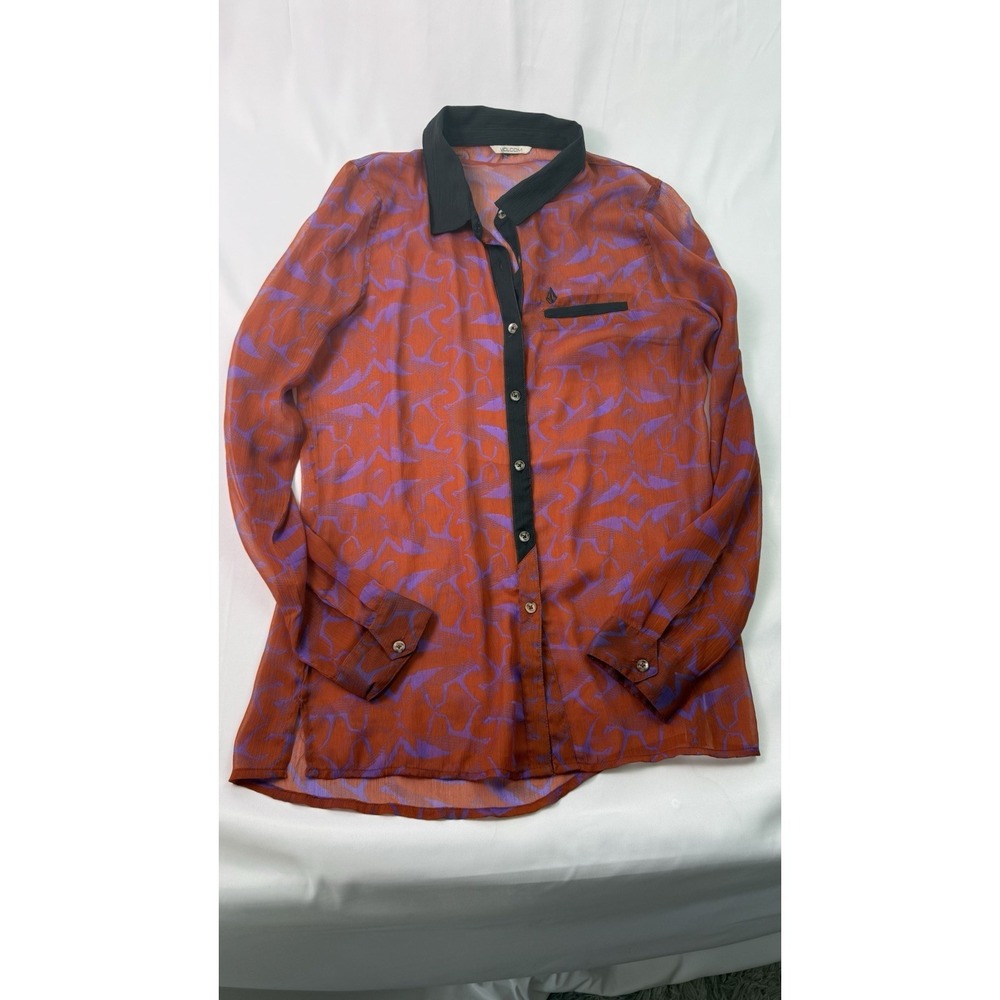 Volcom‎ Sheer Button Front Blouse Orange Purple Abstract Print Lightweight Shirt - Picture 5 of 13